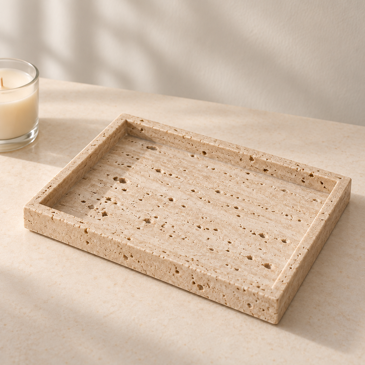 Travertine Catch-All Tray on a cream stone surface in soft daylight