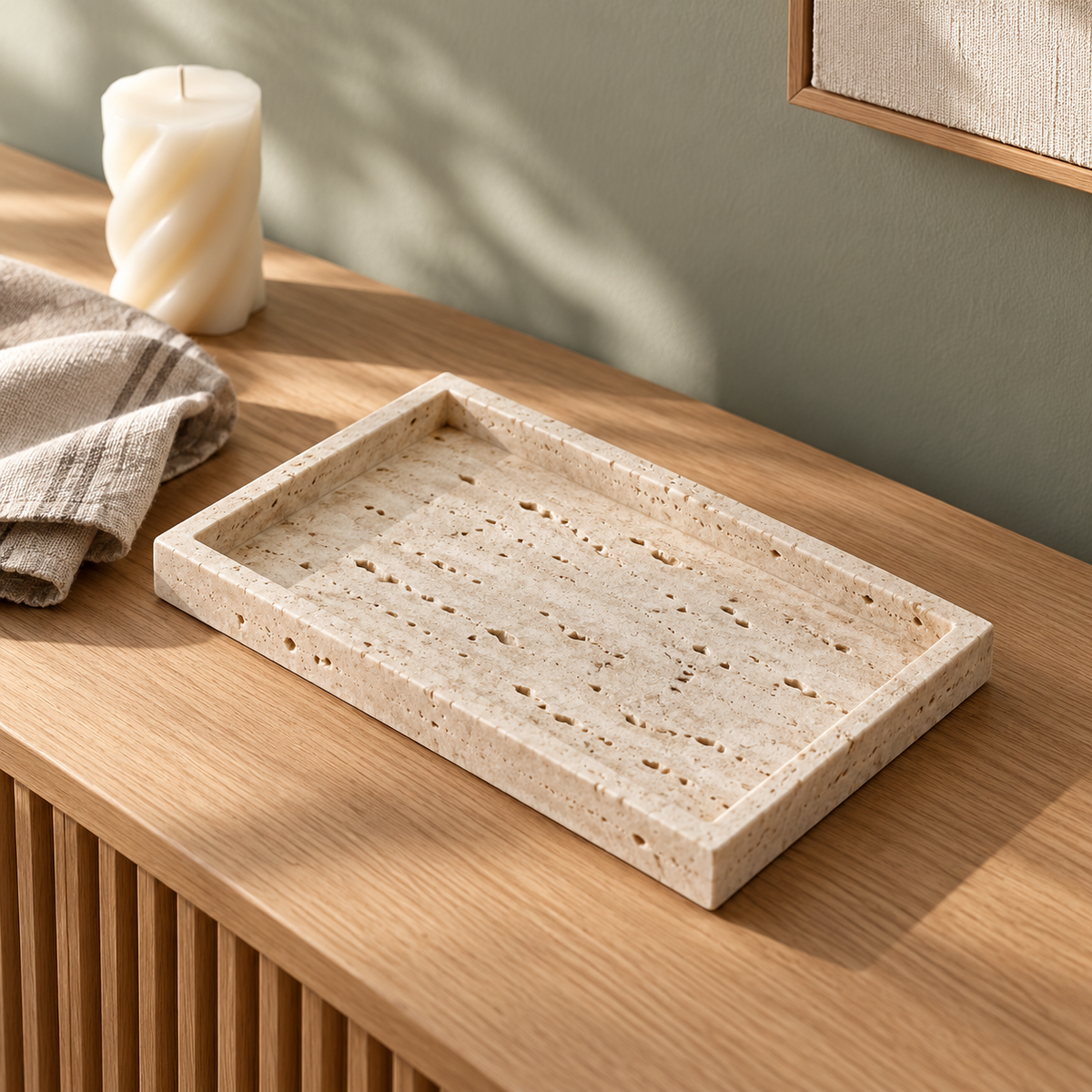 Travertine Catch-All Tray styled on a wooden sideboard in a sunlit living room