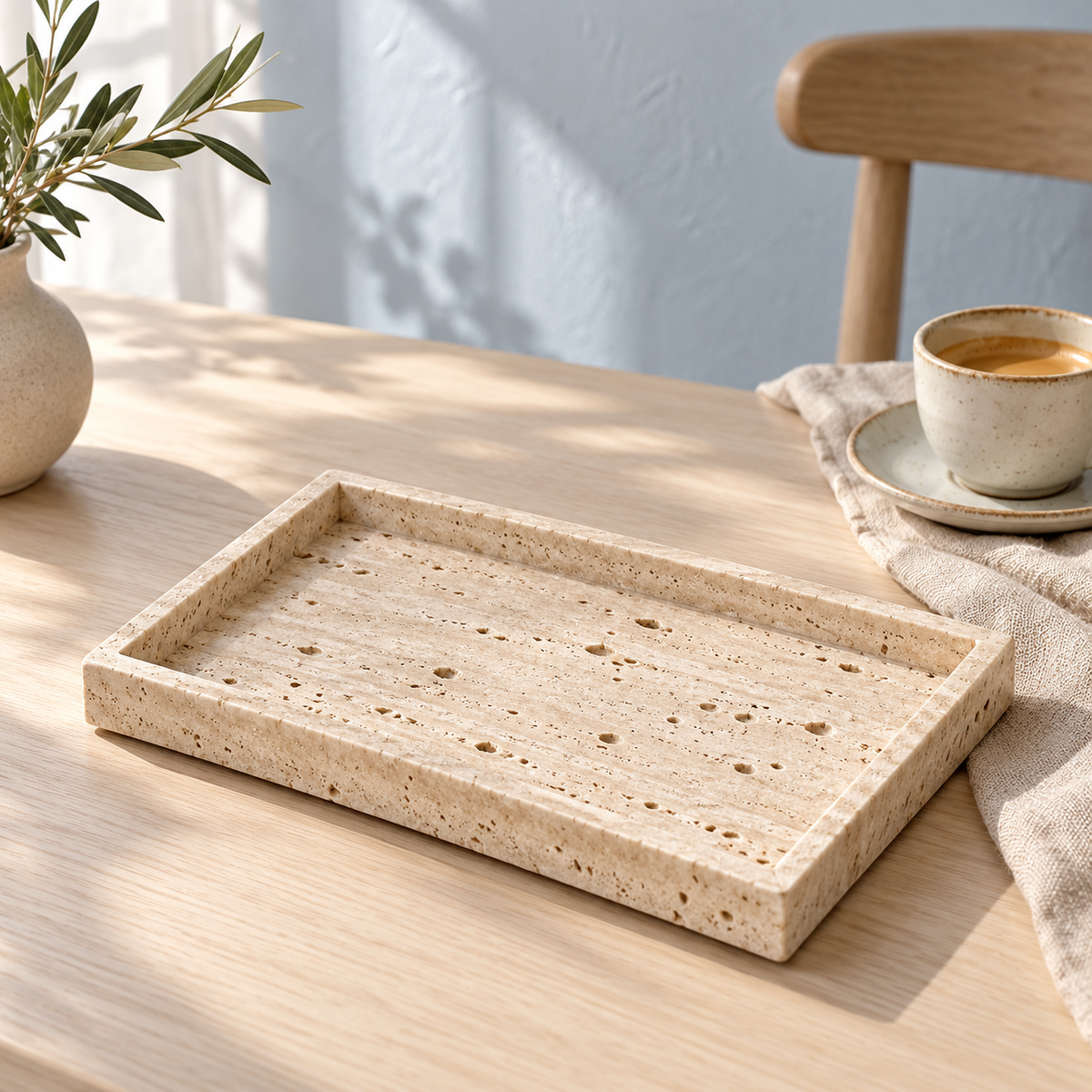 Travertine Catch-All Tray with coffee on an oak breakfast table