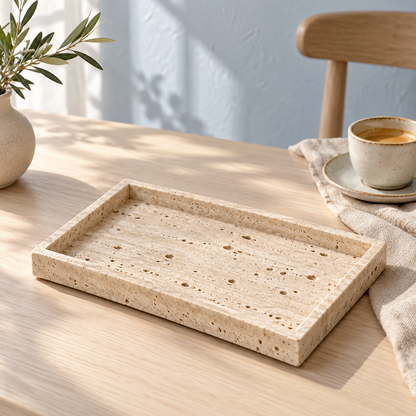 Travertine Catch-All Tray with coffee on an oak breakfast table