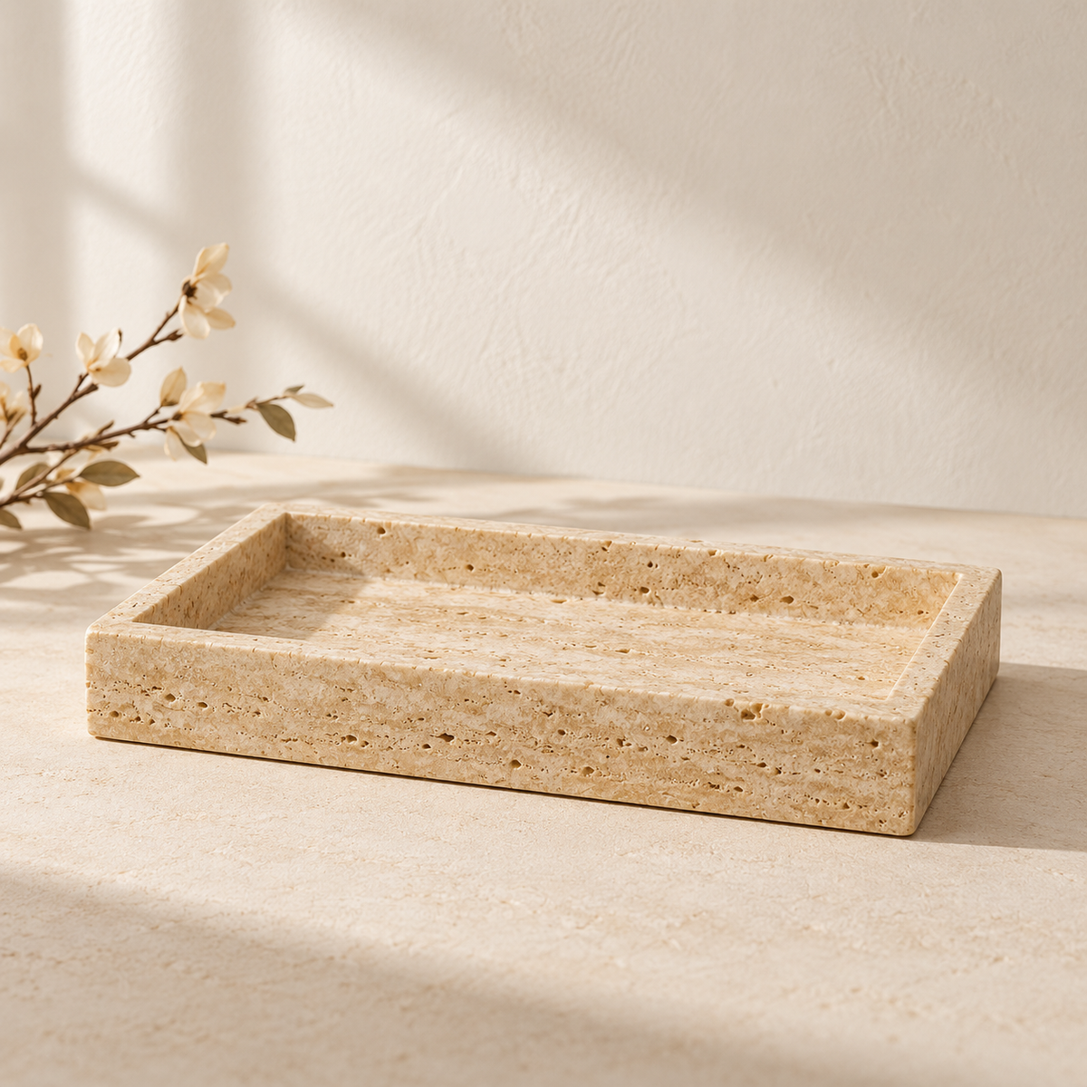 Golden Travertine Tray on a cream stone surface in soft daylight