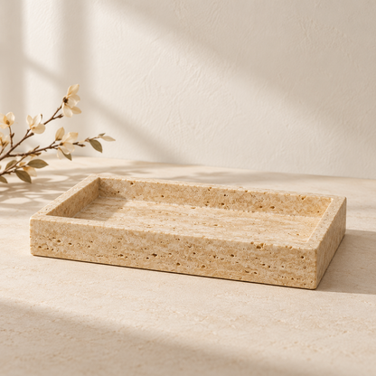 Golden Travertine Tray on a cream stone surface in soft daylight