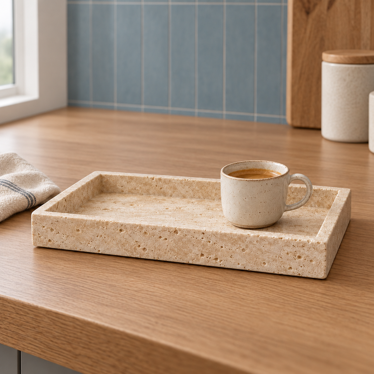 Golden Travertine Tray on a kitchen counter in warm morning light