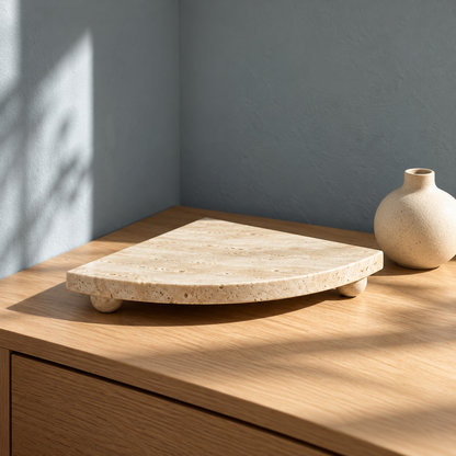 Footed Travertine Fan Tray on a console table beside a ceramic vase