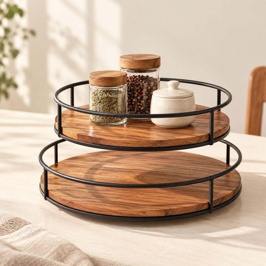 Acacia Lazy Susan on a cream stone surface in soft daylight