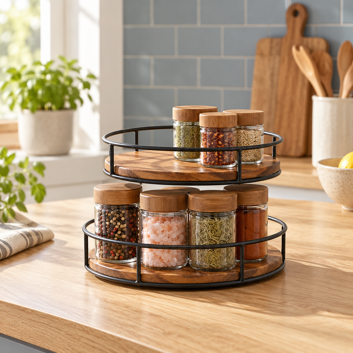 Acacia Lazy Susan on a kitchen counter in warm morning light