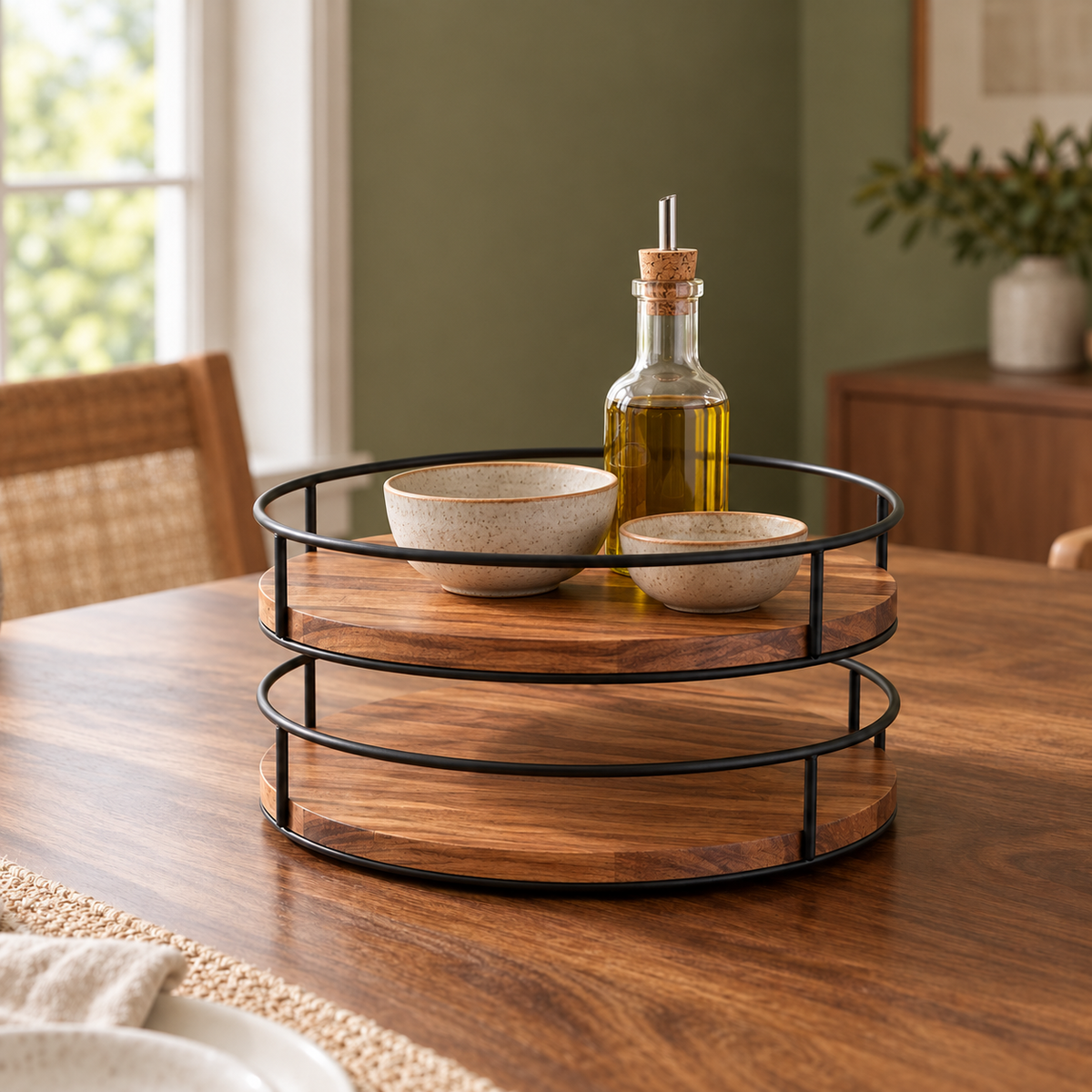 Acacia Lazy Susan on a dining table in warm natural light