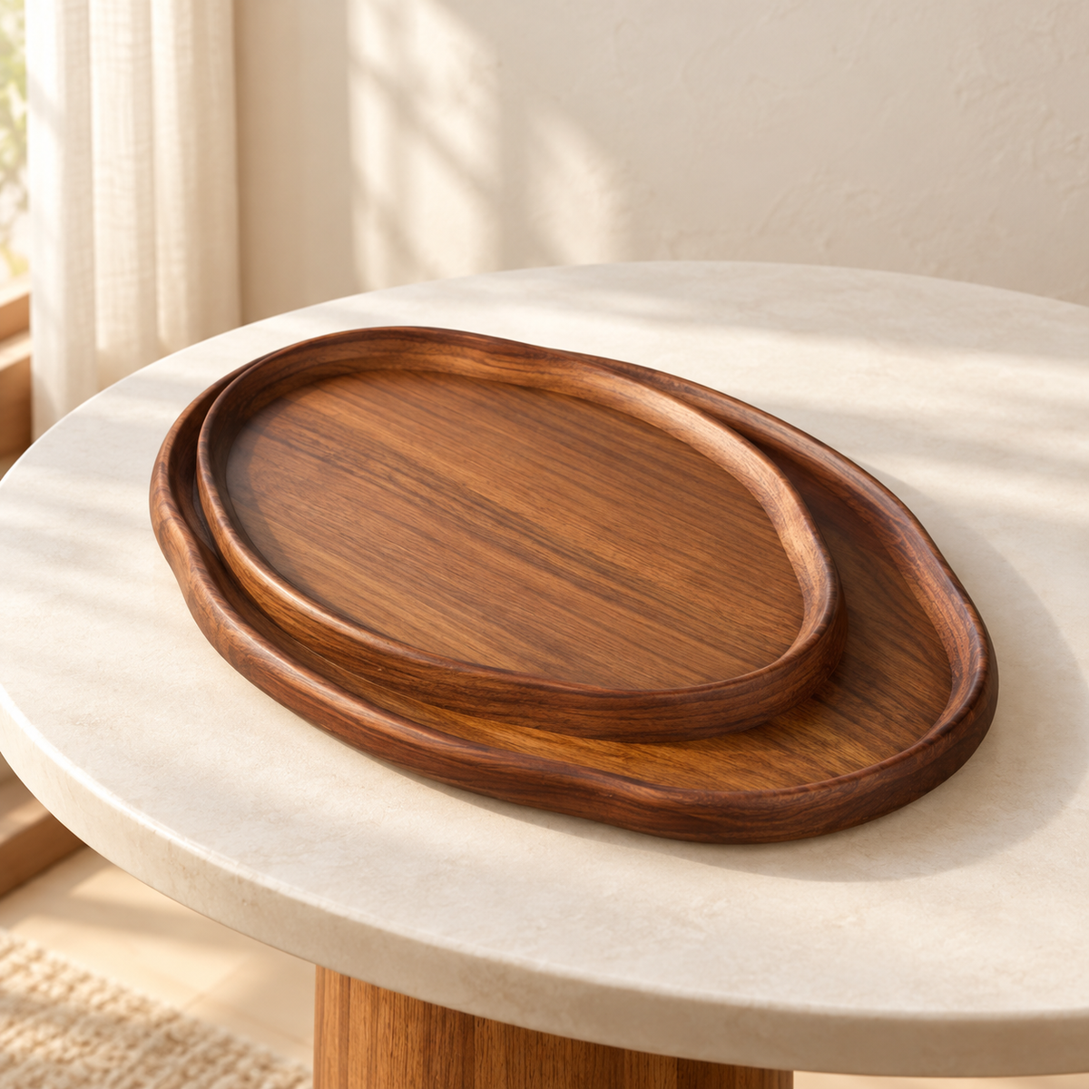 Wooden Serving Tray on a cream stone surface in soft daylight