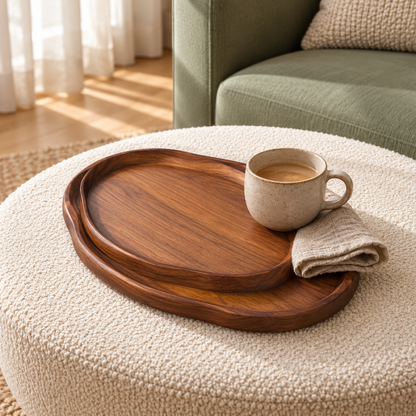 Wooden Serving Tray styled on a wooden sideboard in a sunlit living room