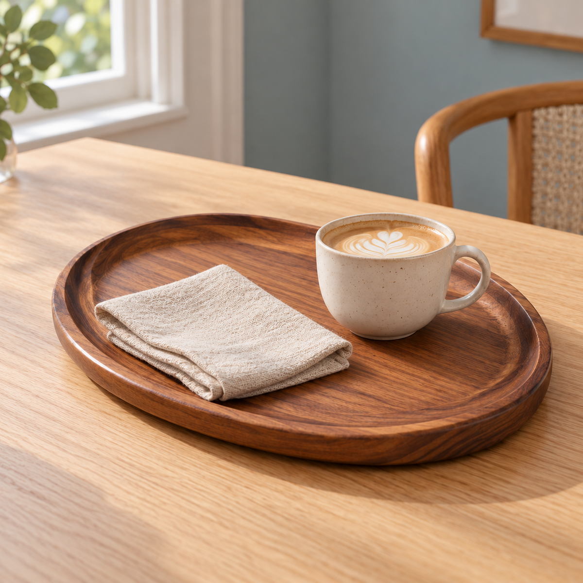 Wooden Serving Tray with a latte and linen napkin at breakfast