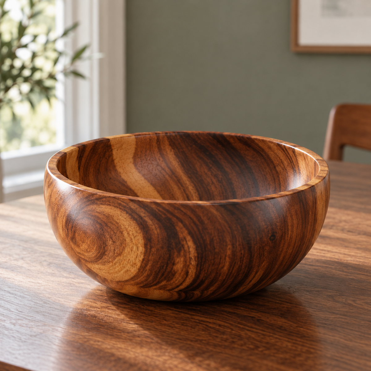 Acacia Wood Bowl on a dining table in warm natural light