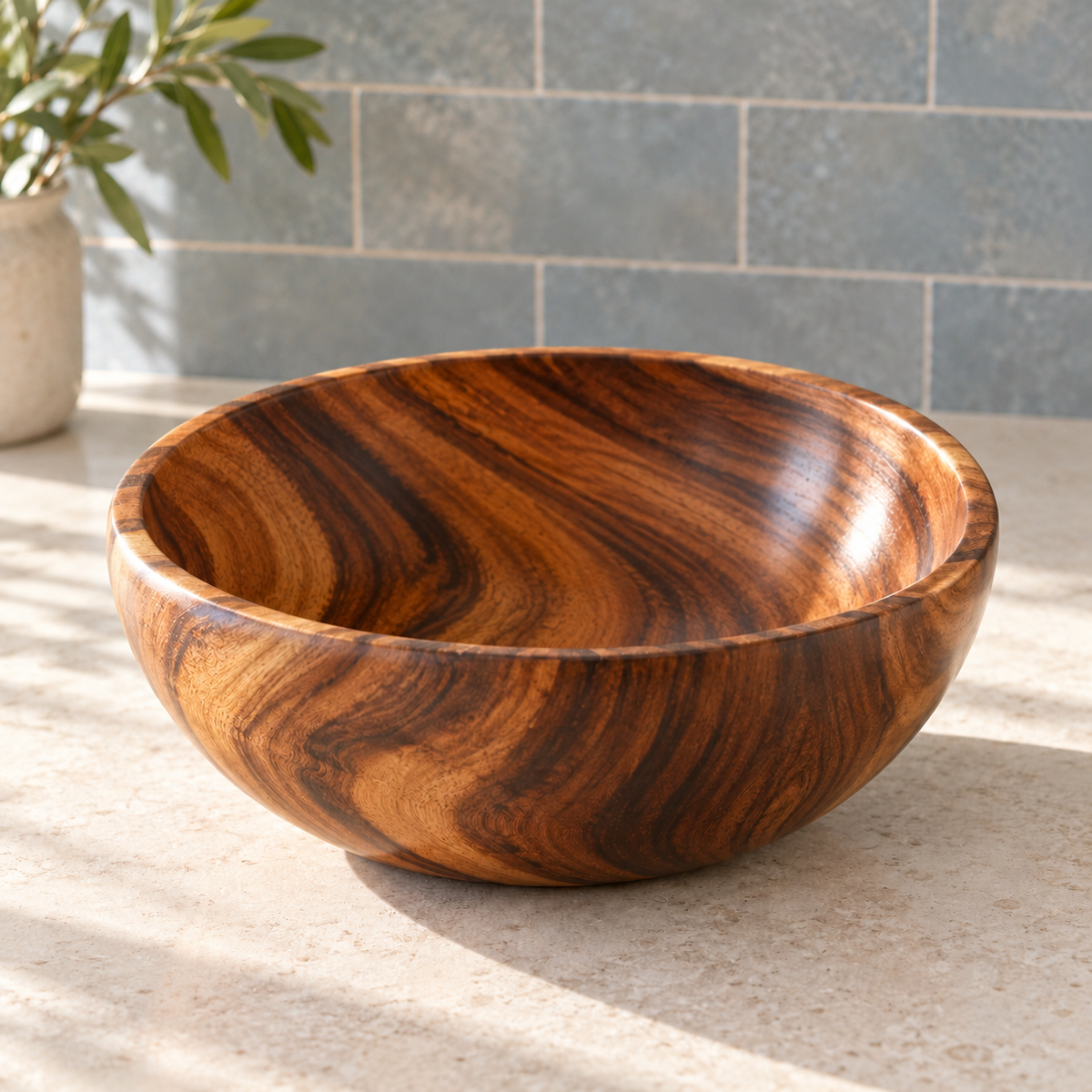 Acacia Wood Bowl on a kitchen counter in warm morning light