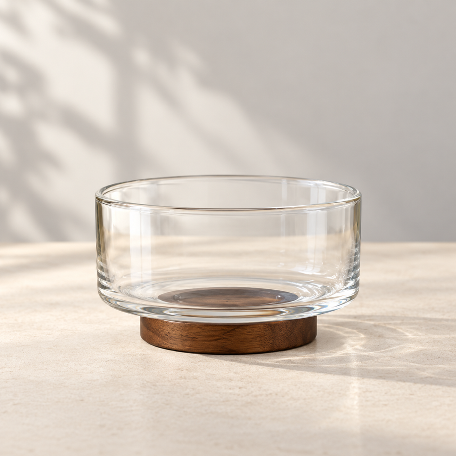 Glass Fruit Bowl with Wood Base on a cream stone surface in soft daylight