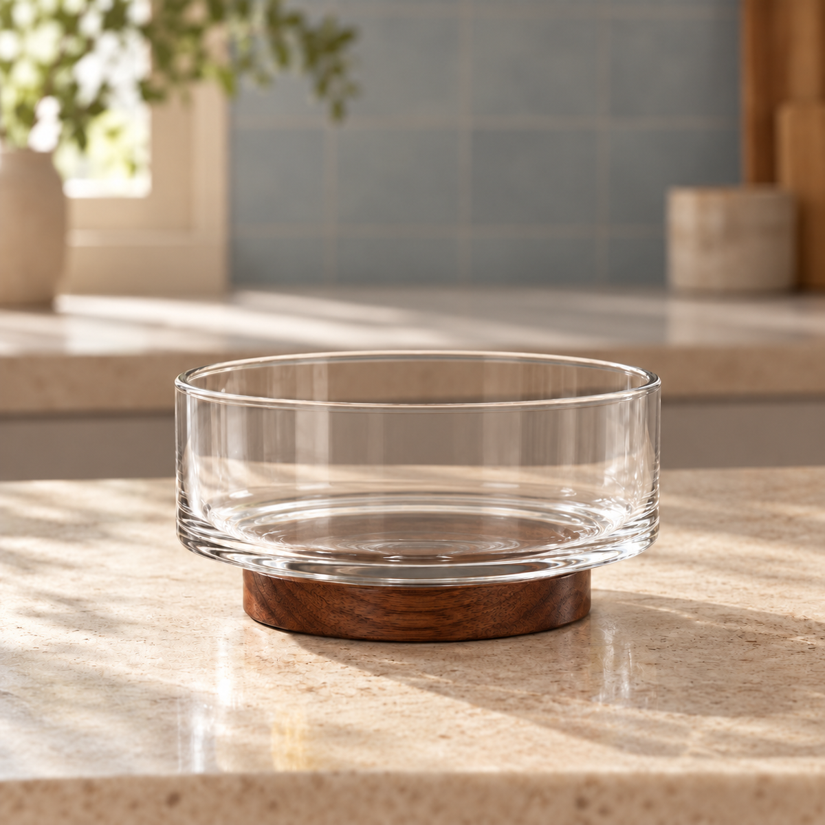 Glass Fruit Bowl with Wood Base on a kitchen counter in warm morning light