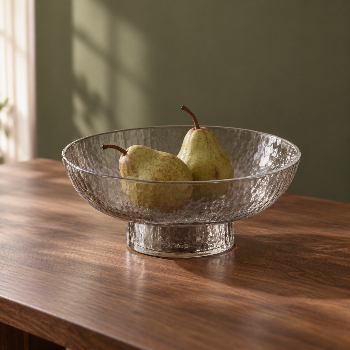 Ribbed Glass Pedestal Bowl with pears on a dining table
