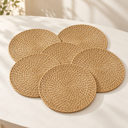 Woven Placemats, Set of 6 on a cream stone surface in soft daylight