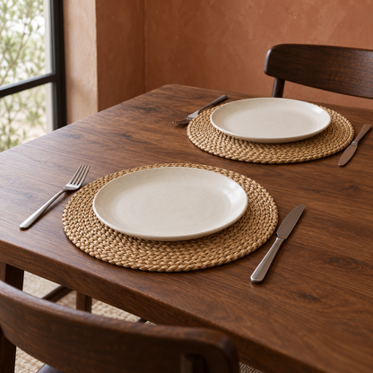 Woven Placemats, Set of 6 on a dining table in warm natural light