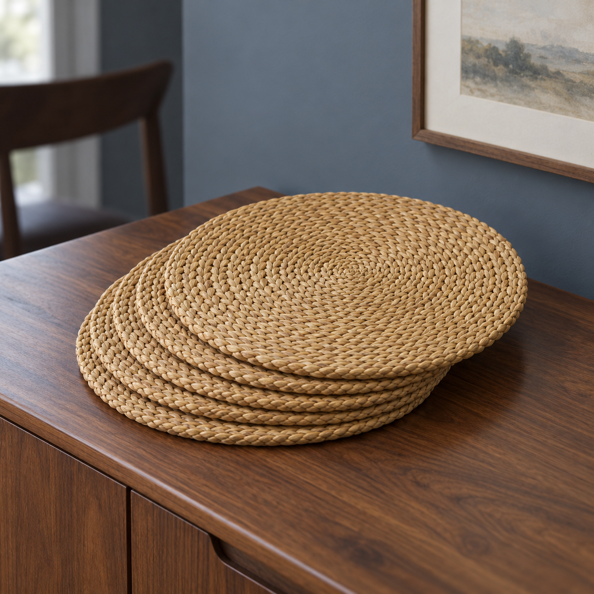 Woven Placemats, Set of 6 stacked on a walnut sideboard
