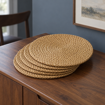 Woven Placemats, Set of 6 stacked on a walnut sideboard