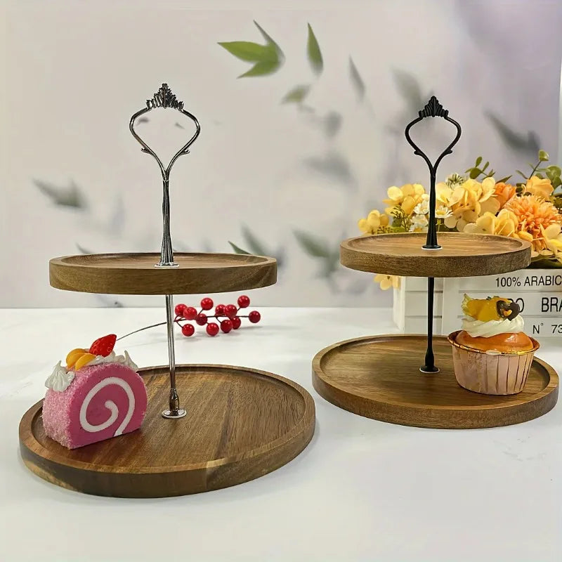 Two-Tier Acacia Serving Stand: Vintage Wood Tiered Tray for Fruit and Desserts