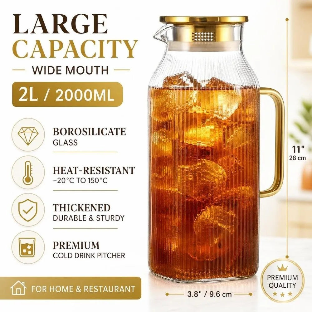 Ribbed Glass Pitcher with Lid, 2 L