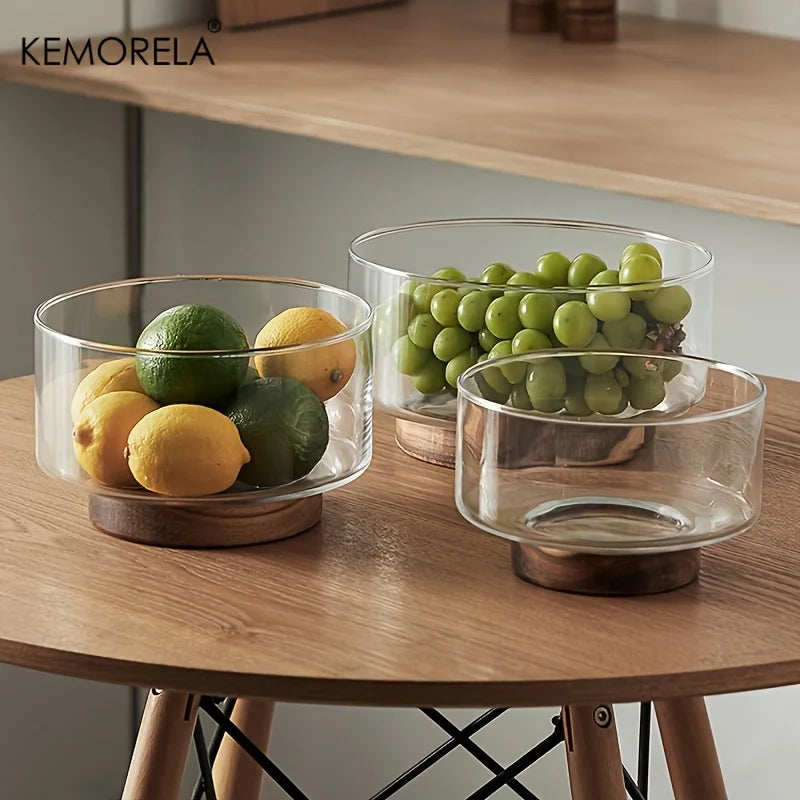 Glass Fruit Bowl with Wood Base