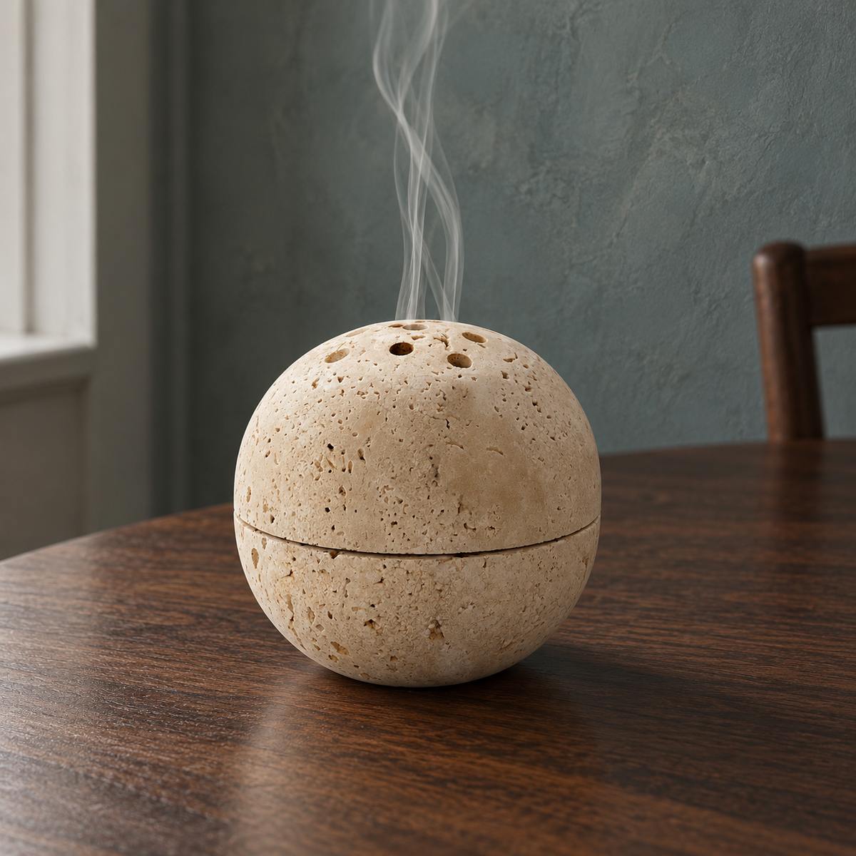 Travertine incense sphere on a walnut dining table