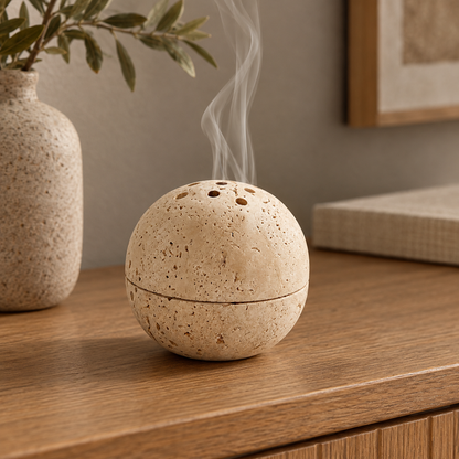 Travertine incense sphere on an oak console