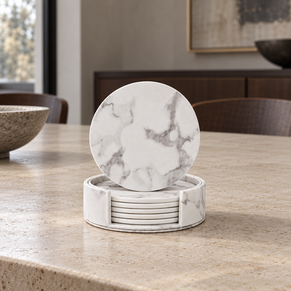 White Marble Coasters with Holder — product view