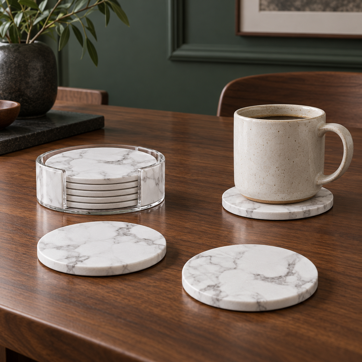White Marble Coasters with Holder — styled setting