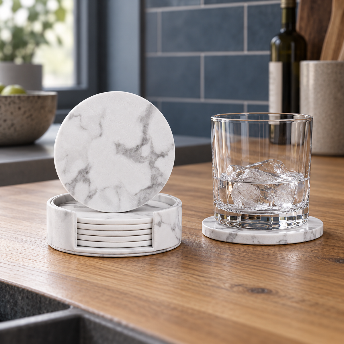 White Marble Coasters with Holder — alternate setting