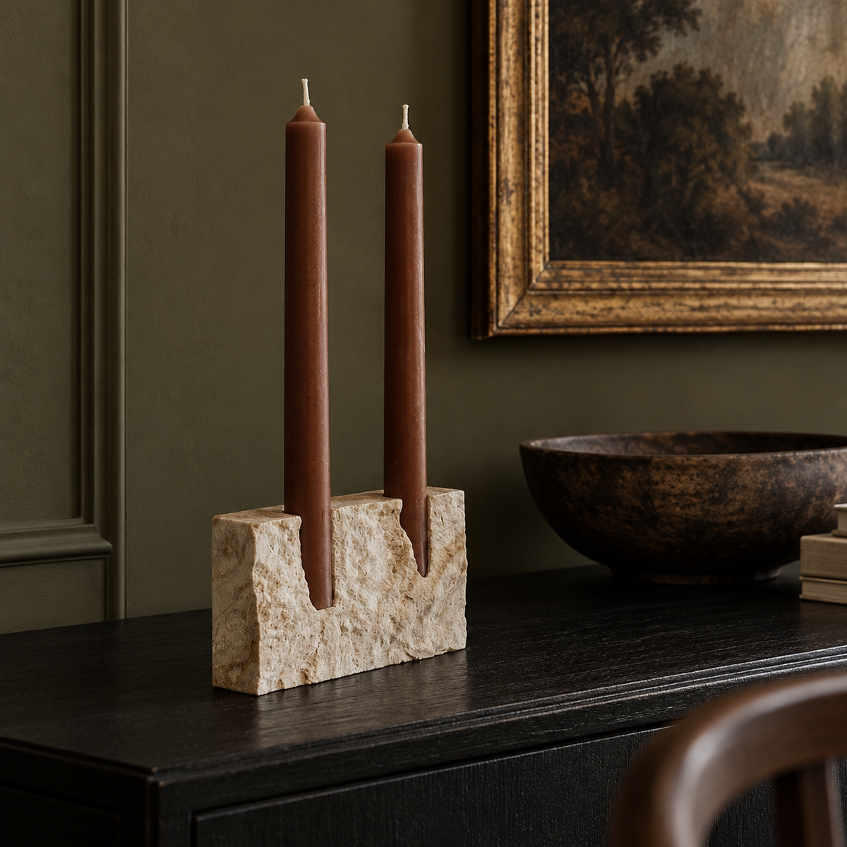 Travertine Double Taper Holder — styled setting