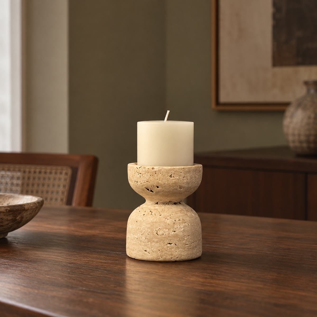 Cave-Stone Pillar Candle Holder — styled setting