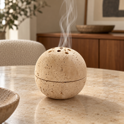 Travertine incense sphere on a softly lit table