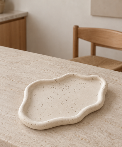 White Wabi-Sabi Travertine Tray on a limestone kitchen island