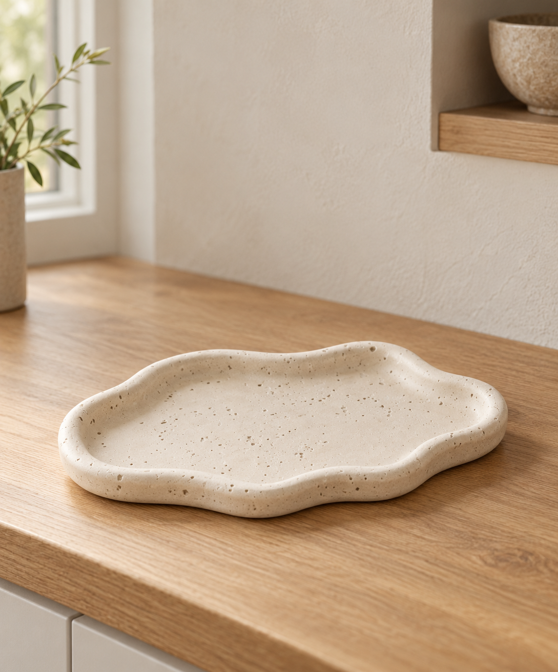 White Wabi-Sabi Travertine Tray on an oak kitchen counter
